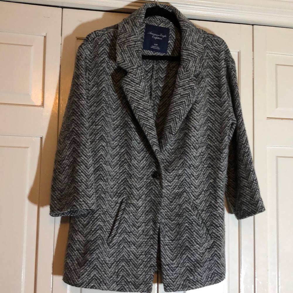 Tweed Chevron Coat Blazer Single Button Gray Black SZ S R1